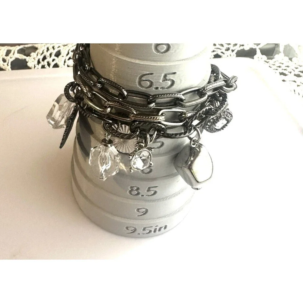 Gunmetal Multi Strand Charm Bracelet Crystal Rhinestone Chunky Statement 7